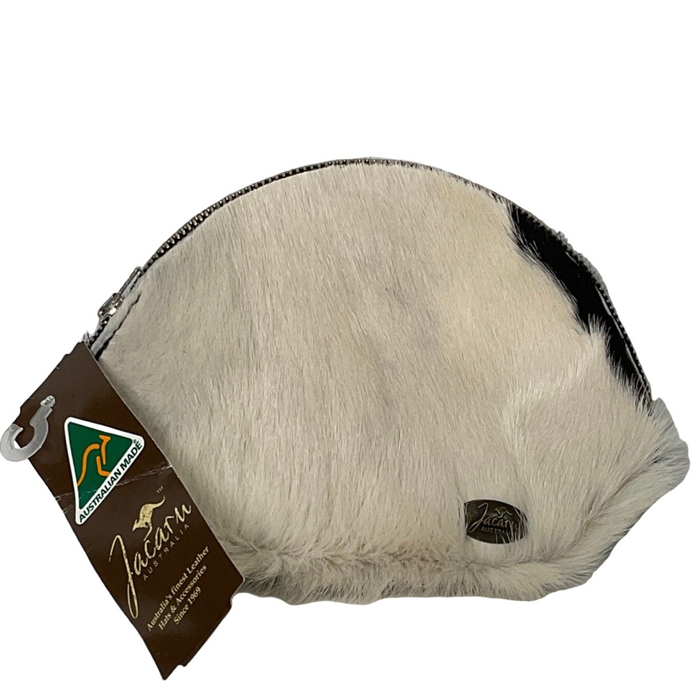 Jacaru Australia NWT’s hair on cowhide leather cosmetic zipper bag; Clean Inside